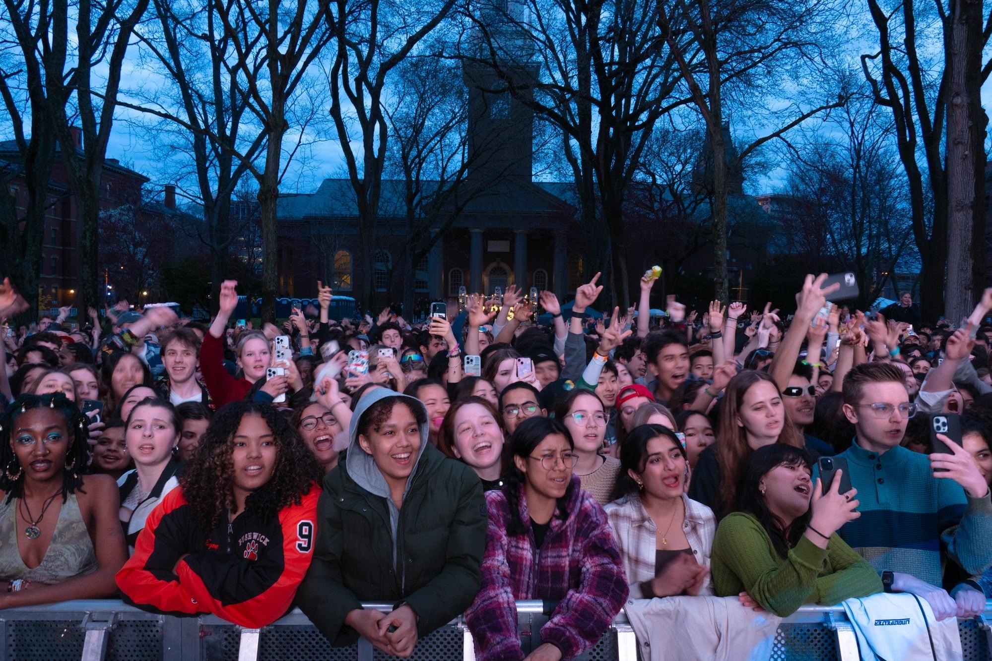 Students gathering in Tercentenary Theatre for Harvard YardFest 2025